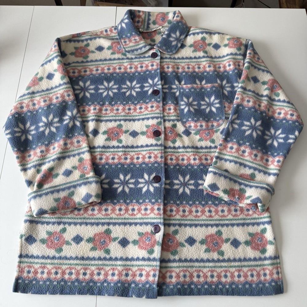 Vintage Charter Club Cottage Core Floral Fleece Button Front Cardigan Women's M